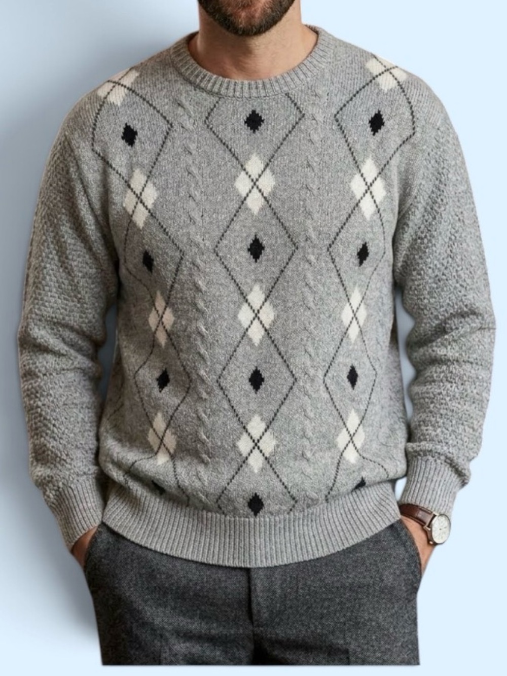 Vintage Savile Row Argyle Gray Cotton Sweater Gray Size Large